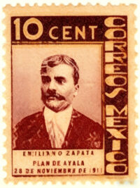 Emiliano Zapata postal stamp. Text: "Emiliano Zapata. Playa de Ayala. 28 de Noviembre de 1911".