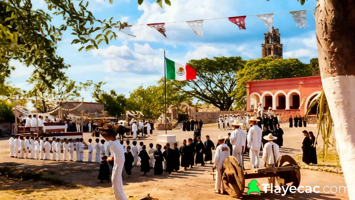 Niños y adultos se reúnen en una plaza. Una bandera de México en el centro. Una iglesia y un edificio al fondo.